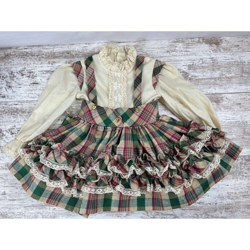 VTG Martha’s Miniatures We’re Fussy Plaid Ruffle Circle Skirt Dress 4T Red Green